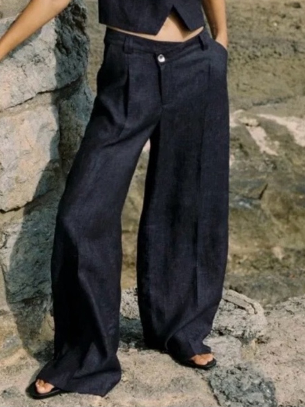 Zara Dark Navy Wide-Leg High-Rise Trousers